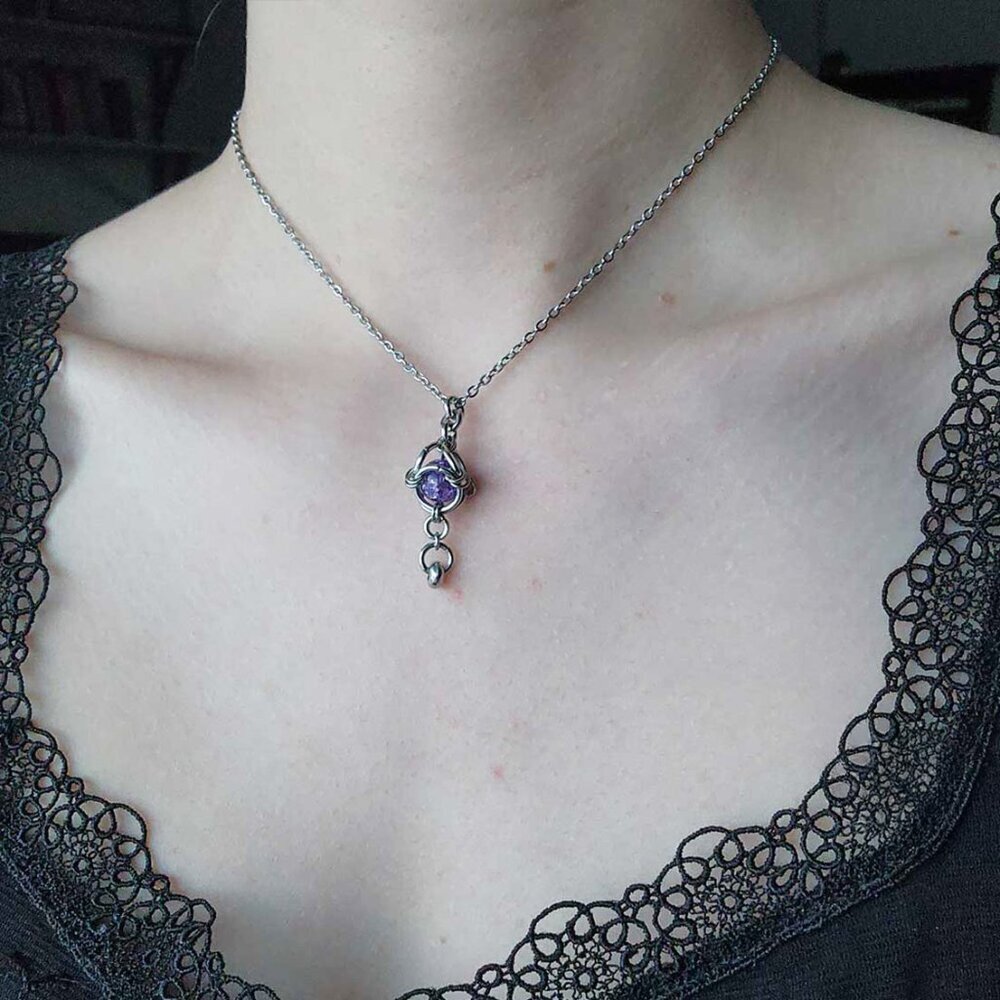 Gothic fairy purple caged pearl necklace with a small silver chain